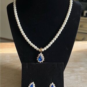 Avon Blue and Gold Pearl Necklace and earrings Set